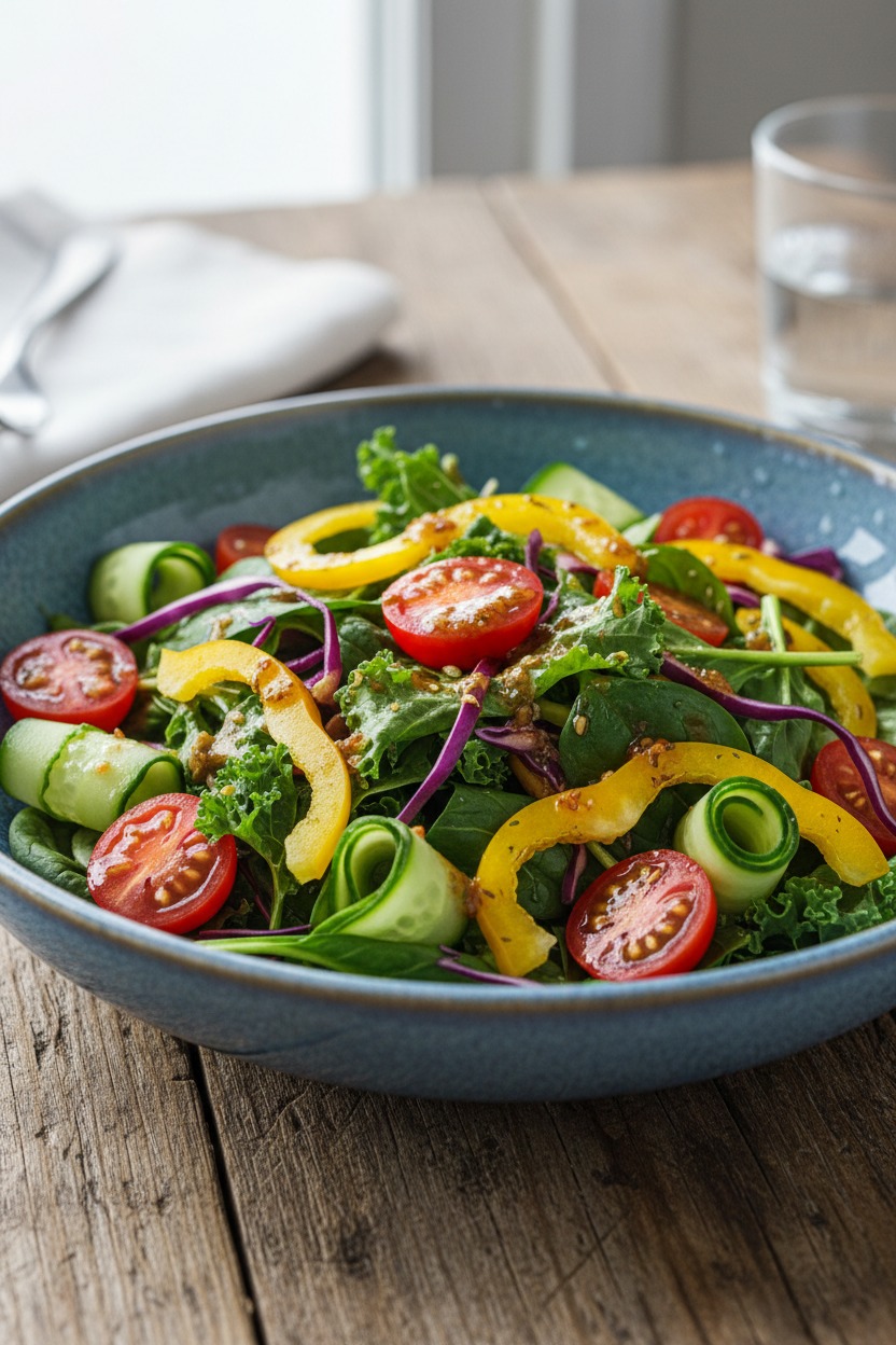 Ein bunter Salat aus grünem Blattgemüse, gelbem Paprika, roten Tomaten und Gurkenscheiben in einer blauen Schüssel auf einem Holztisch.